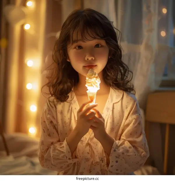 Little girl eating ice cream in a dimly lit room