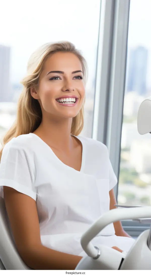 Portrait of a smiling young woman with blonde hair sitting in a dentist chair