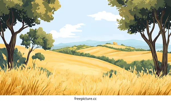 Summer Landscape With Rolling Hills And A Small Castle In The Background