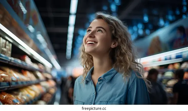 Happy young woman looking up in supermarket