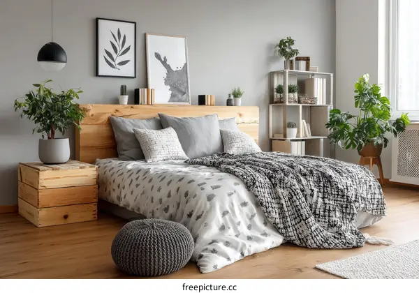 Cozy Bedroom with Wooden Headboard and Plants