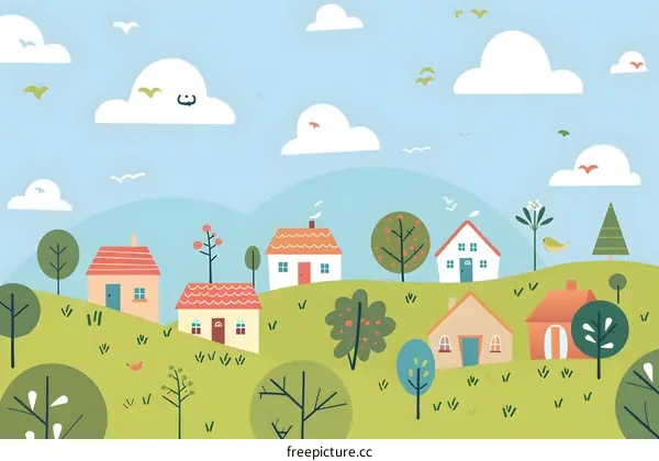 Cartoon Illustration of a Village Landscape with Houses and Trees