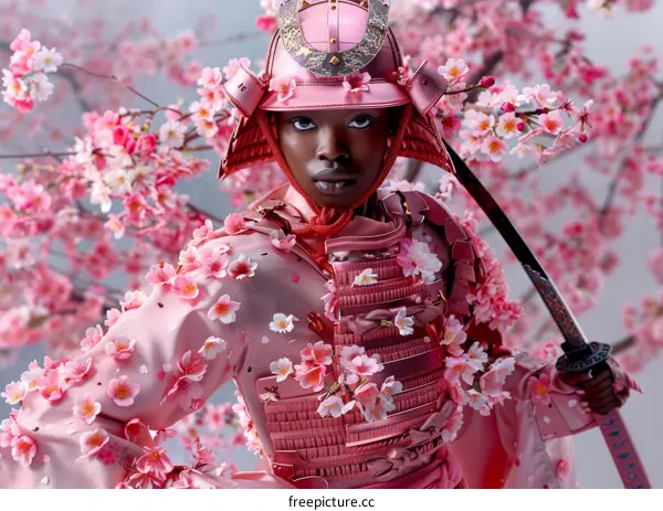 The Black Woman Samurai Warrior with Pink Armor and Cherry Blossoms