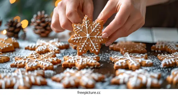 A woman is holding a snowflake-shaped cookie