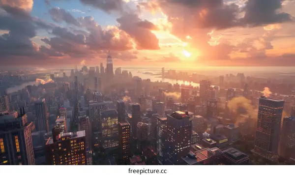 Aerial View of a City at Sunset