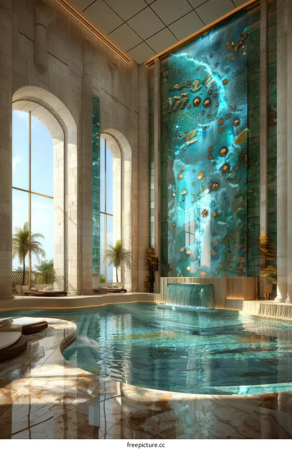 Luxurious Indoor Swimming Pool Design with Stunning Wall Art