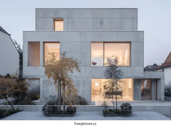 Modern Concrete House with Large Windows and Garden