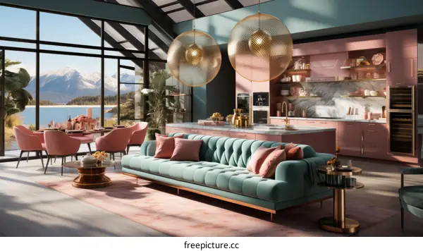 Modern pink and blue living room and kitchen with lake view