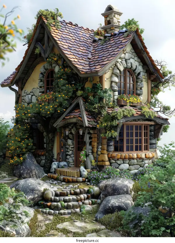 Fairy Tale Stone Cottage in a Garden Setting