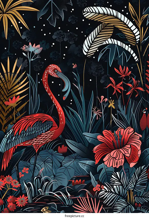 Tropical Night with a Flamingo and Flowers