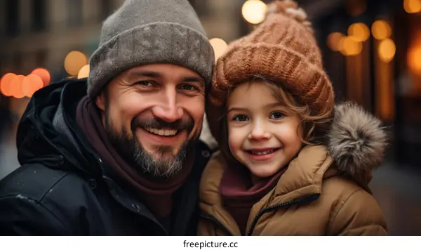 Happy father and daughter in winter clothes