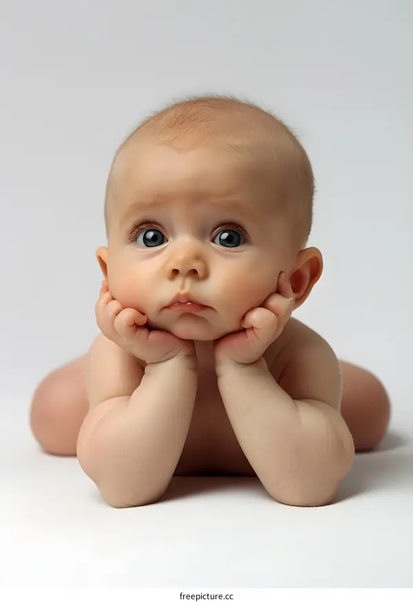 Baby girl with blue eyes and blonde hair resting her chin on her hands