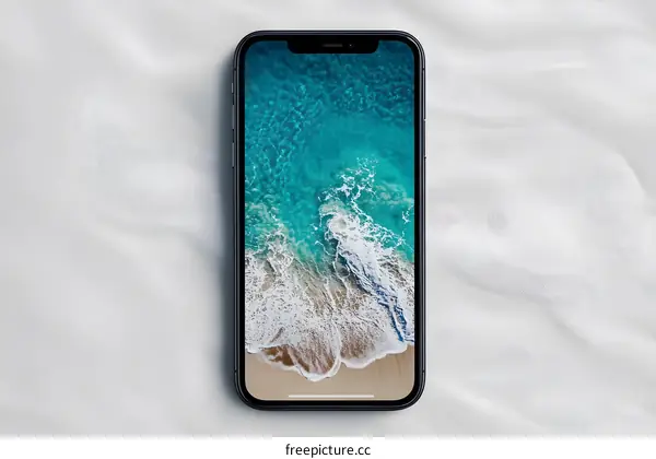Black Smartphone with Ocean Beach Wallpaper on White Fabric Background