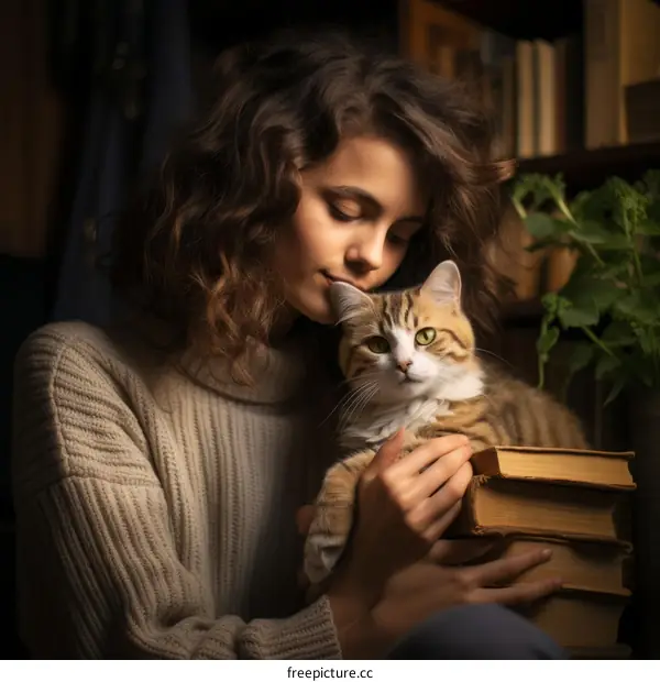 A young woman is holding a cat in a library