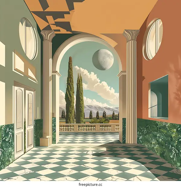 Surrealist Art Design of a Hallway with a View