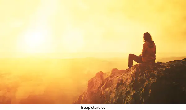 Silhouette Of Woman Sitting On Rock Mountain With Sunset