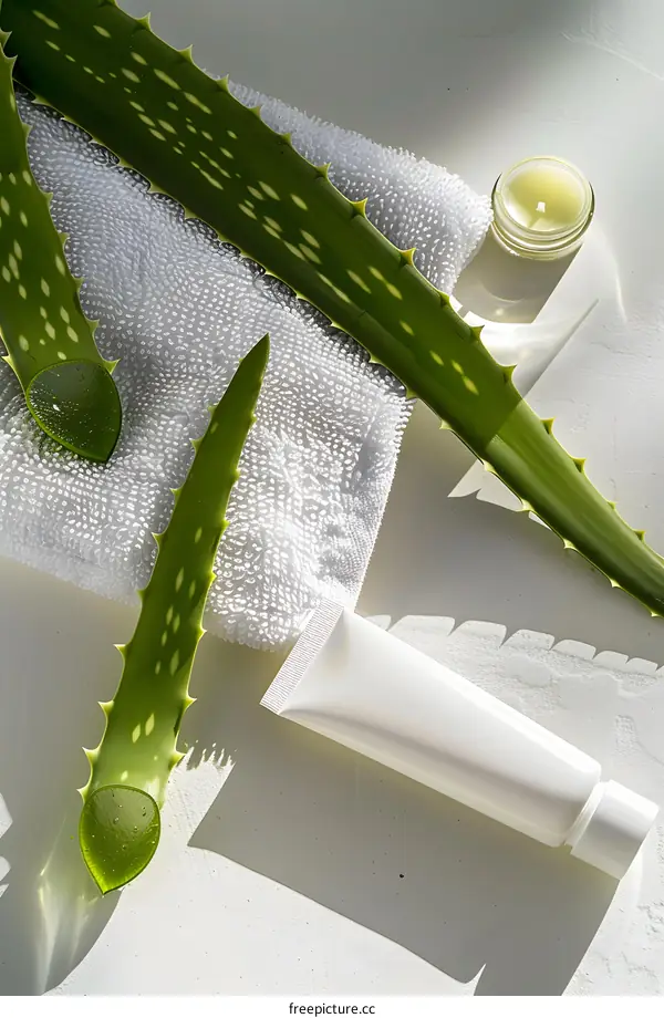 Aloe Vera Plant with Cream and Candle on White Background
