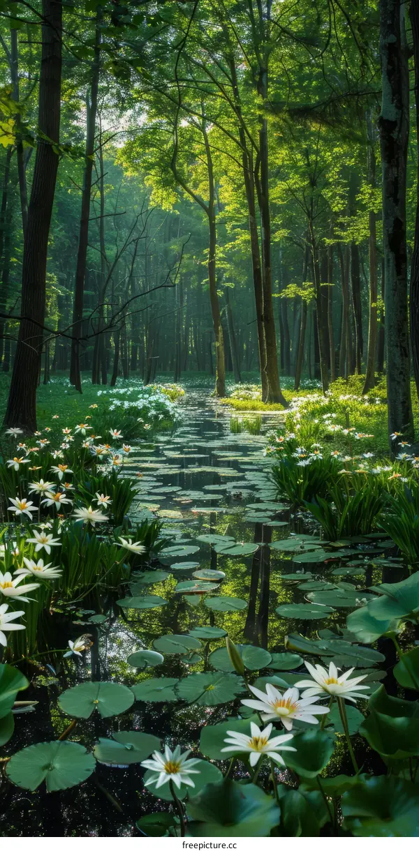 Small river wanders through a beautiful green forest with white flowers