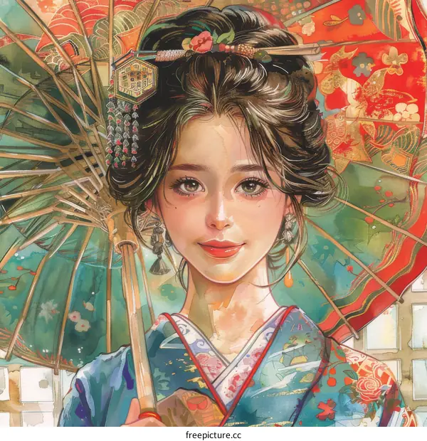 An Asian woman in traditional Japanese clothing holding an umbrella