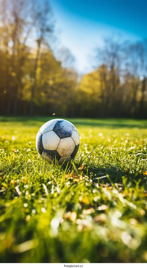 Soccer ball on a field with trees