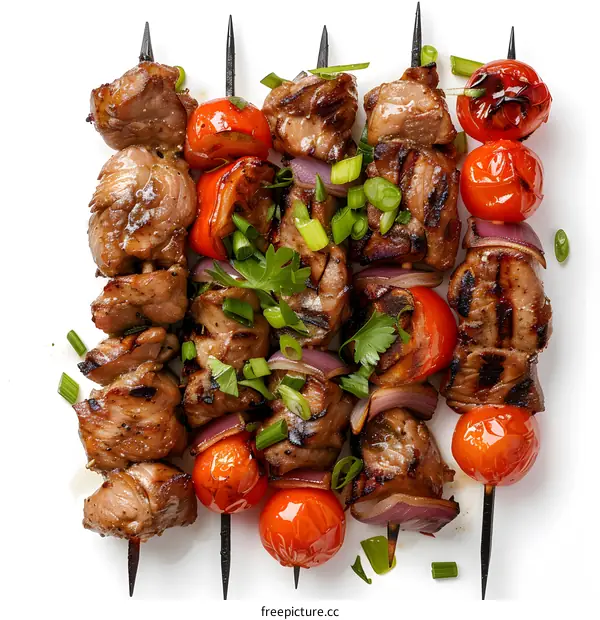 Grilled meat skewers with tomatoes and onions