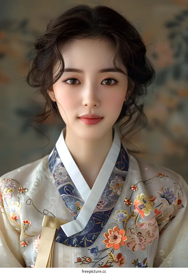 Portrait of a young Korean woman in traditional Korean dress, the hanbok
