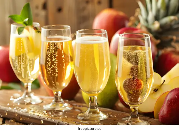 Sparkling Apple Cider in Glasses with Fruit