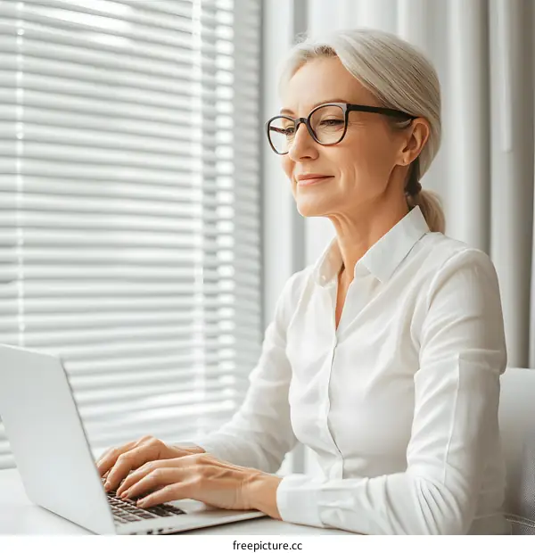 Senior Woman Working on Laptop Computer in Office