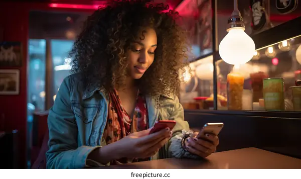 Focused African American Woman Using Two Smartphones