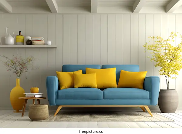 Modern Living Room Interior Design with Blue Sofa and Yellow Pillows