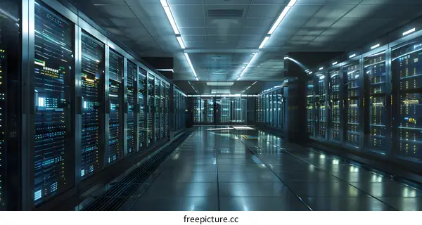 Server room with rows of server racks containing multiple server blades