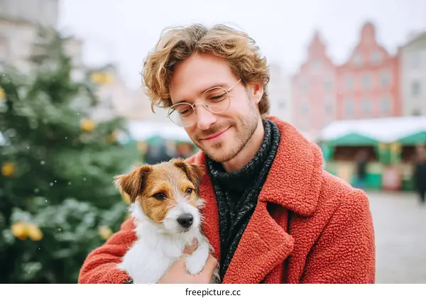 Man in red coat holding small dog in winter market
