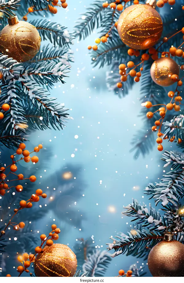 Christmas background with fir branches and golden balls