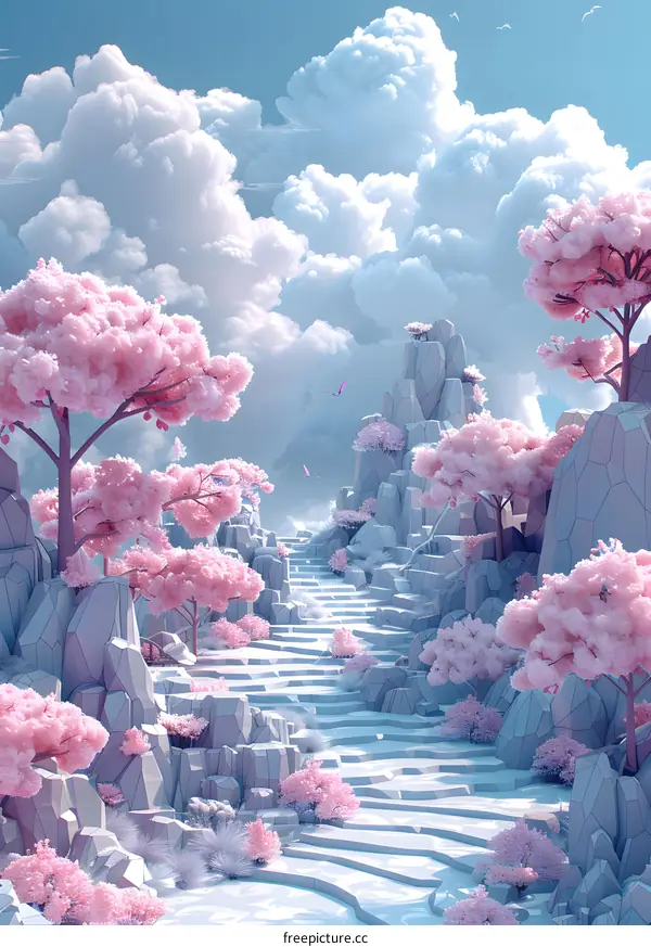 Fantasy Landscape With Pink Trees and Stone Steps