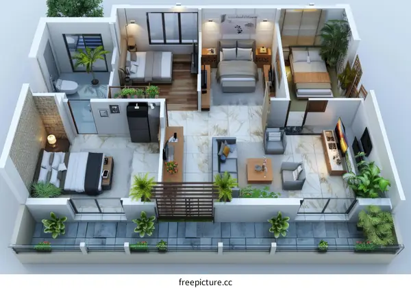 Three-Bedroom Apartment with Open Plan Layout and Modern Interior Design