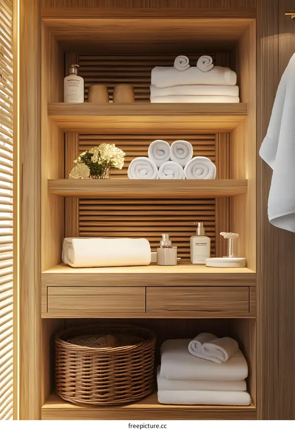 Wooden Shelves with White Towels in a Bathroom