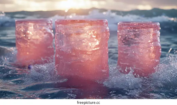Pink Ice Sculptures on the Water