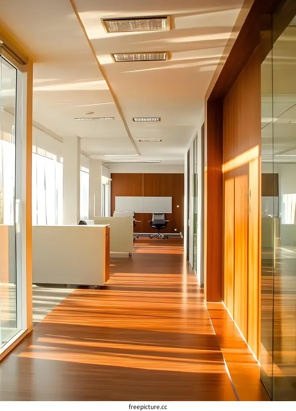 Modern Office Corridor with Wooden Floor and Sunlight