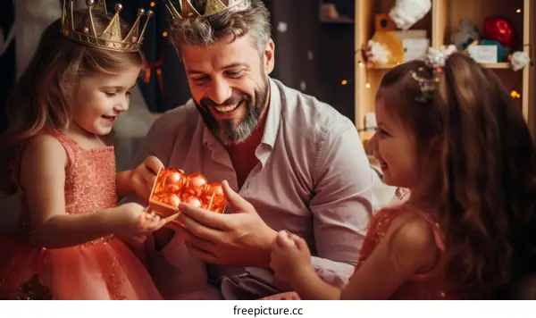 Father and daughters opening presents on Christmas morning