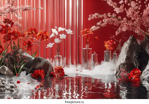 Floral Still Life in Vibrant Red and White