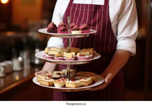 Three tiered tray of desserts held by waiter