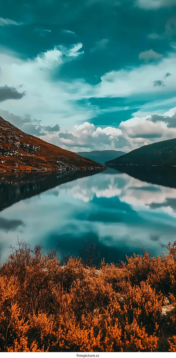Blue Sky Reflecting in Calm Lake Water Surrounded by Lush Green Hills