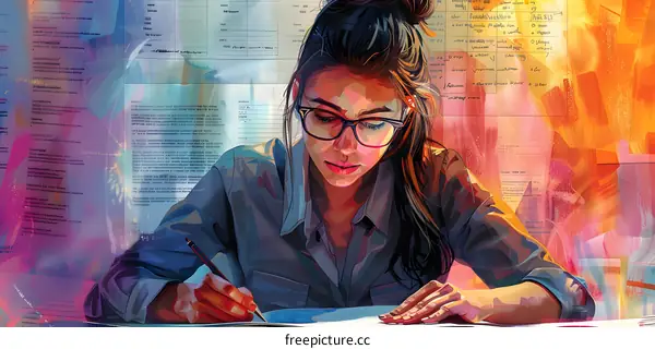 A young woman wearing glasses is writing on a paper with colorful background