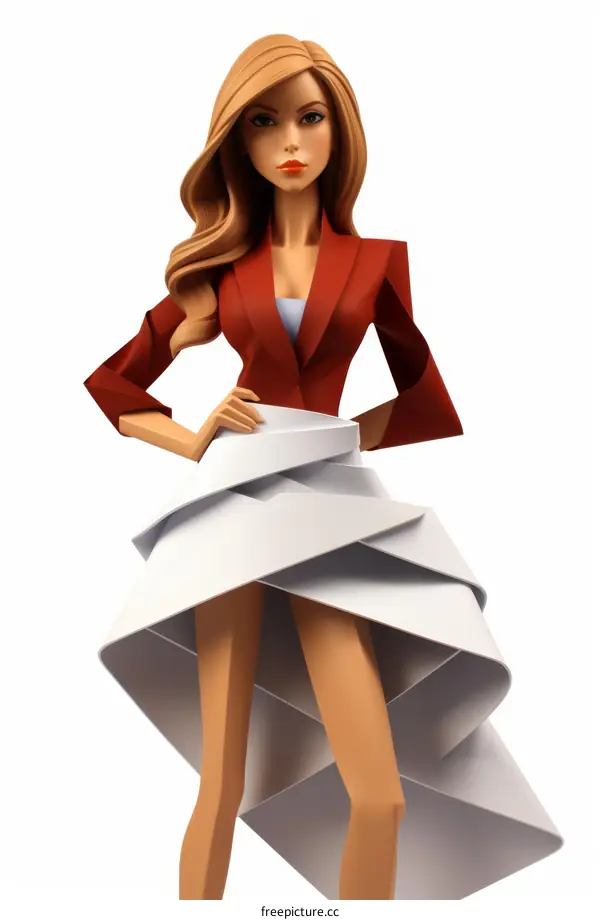 Fashion model with blonde hair wearing red suit and white skirt