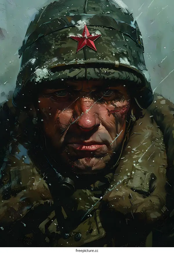 Portrait of a Soviet soldier in a green helmet