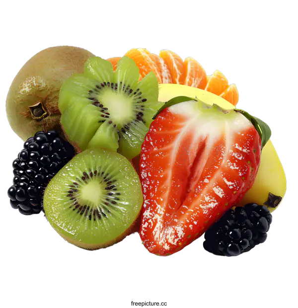 [Transparent Background PNG]Fresh Fruit Salad with Kiwi, Strawberry, Blackberry, and Orange