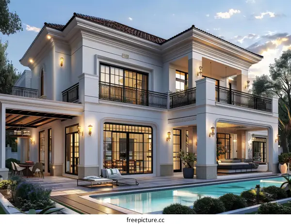 Luxury Mansion Exterior with Pool and Patio