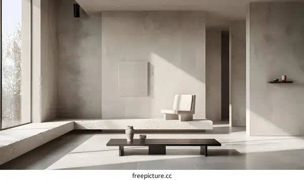 Minimalist Interior Design with Concrete Walls and a Wooden Table