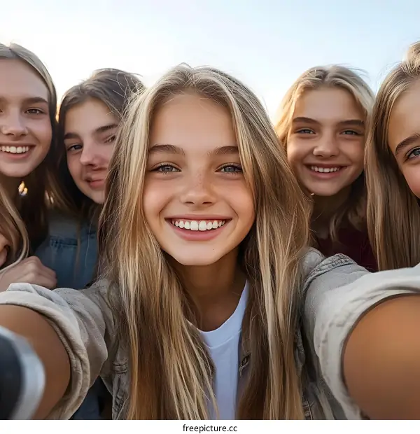 Group of Smiling Young Women Taking a Selfie