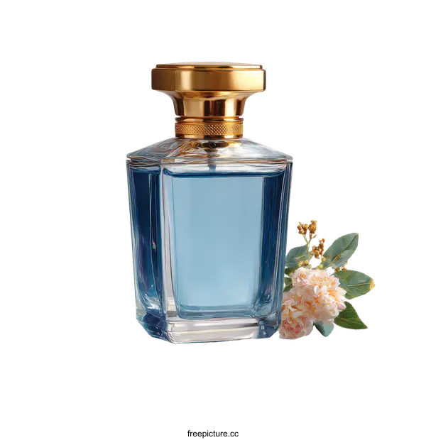 [Transparent Background PNG]Elegant Light Blue Perfume Bottle with Gold Accents
